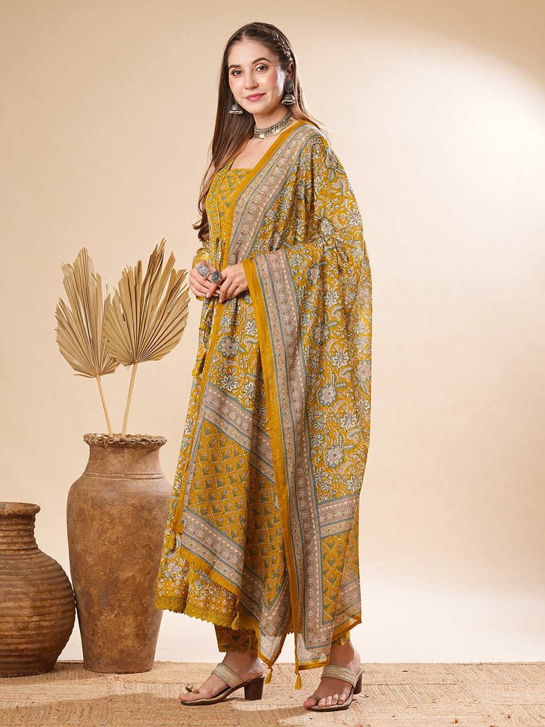 Floral Printed Mirror & Beads Embroidered Anarkali Kurta with Pants & Dupatta - Olive