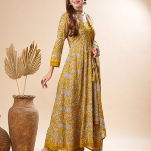 Floral Printed Mirror & Beads Embroidered Anarkali Kurta with Pants & Dupatta - Olive