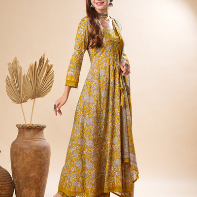 Floral Printed Mirror & Beads Embroidered Anarkali Kurta with Pants & Dupatta - Olive