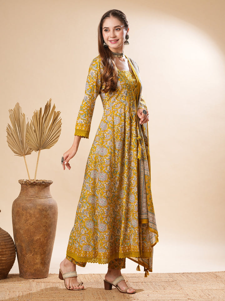 Floral Printed Mirror & Beads Embroidered Anarkali Kurta with Pants & Dupatta - Olive