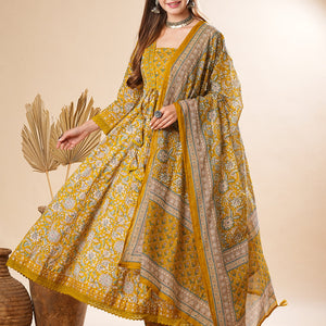 Floral Printed Mirror & Beads Embroidered Anarkali Kurta with Pants & Dupatta - Olive