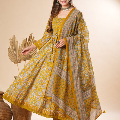 Floral Printed Mirror & Beads Embroidered Anarkali Kurta with Pants & Dupatta - Olive
