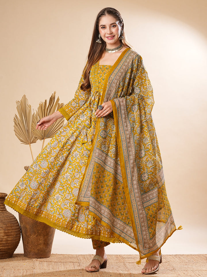 Floral Printed Mirror & Beads Embroidered Anarkali Kurta with Pants & Dupatta - Olive