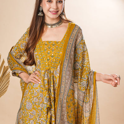 Floral Printed Mirror & Beads Embroidered Anarkali Kurta with Pants & Dupatta - Olive