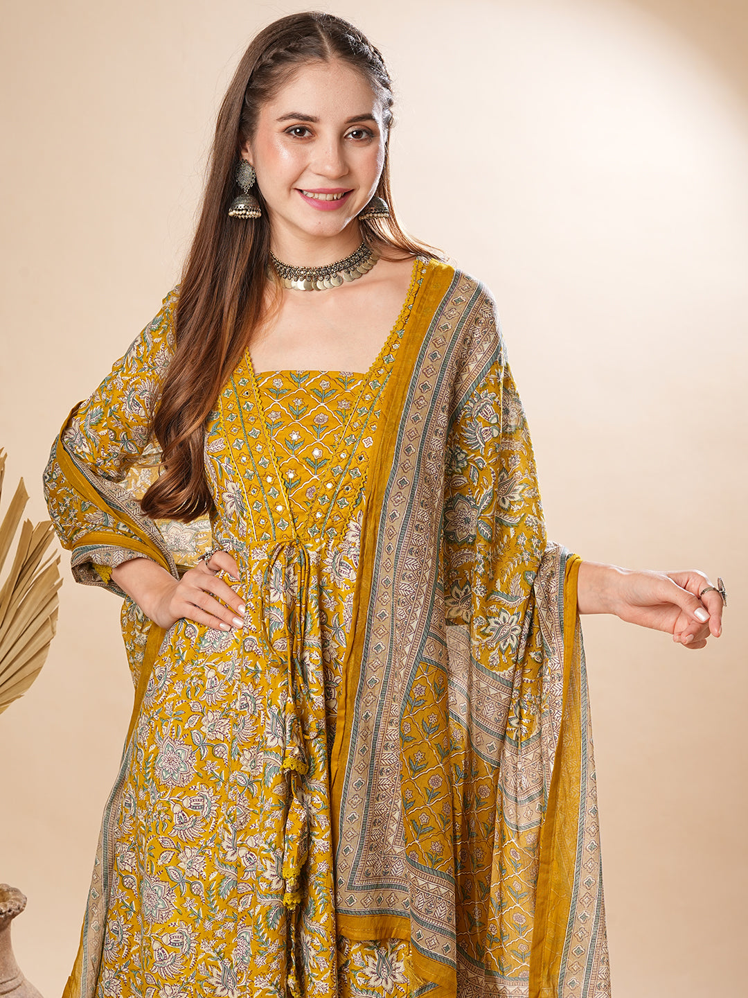 Floral Printed Mirror & Beads Embroidered Anarkali Kurta with Pants & Dupatta - Olive