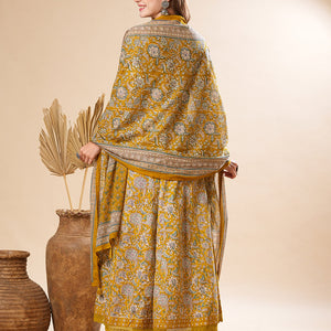 Floral Printed Mirror & Beads Embroidered Anarkali Kurta with Pants & Dupatta - Olive