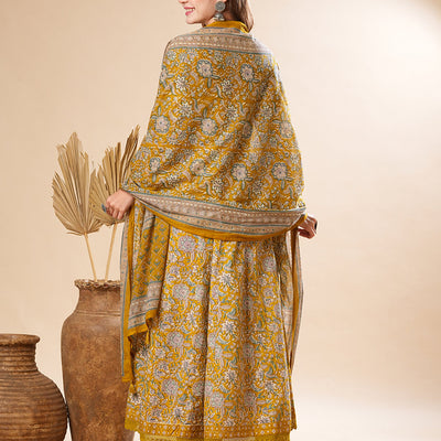 Floral Printed Mirror & Beads Embroidered Anarkali Kurta with Pants & Dupatta - Olive