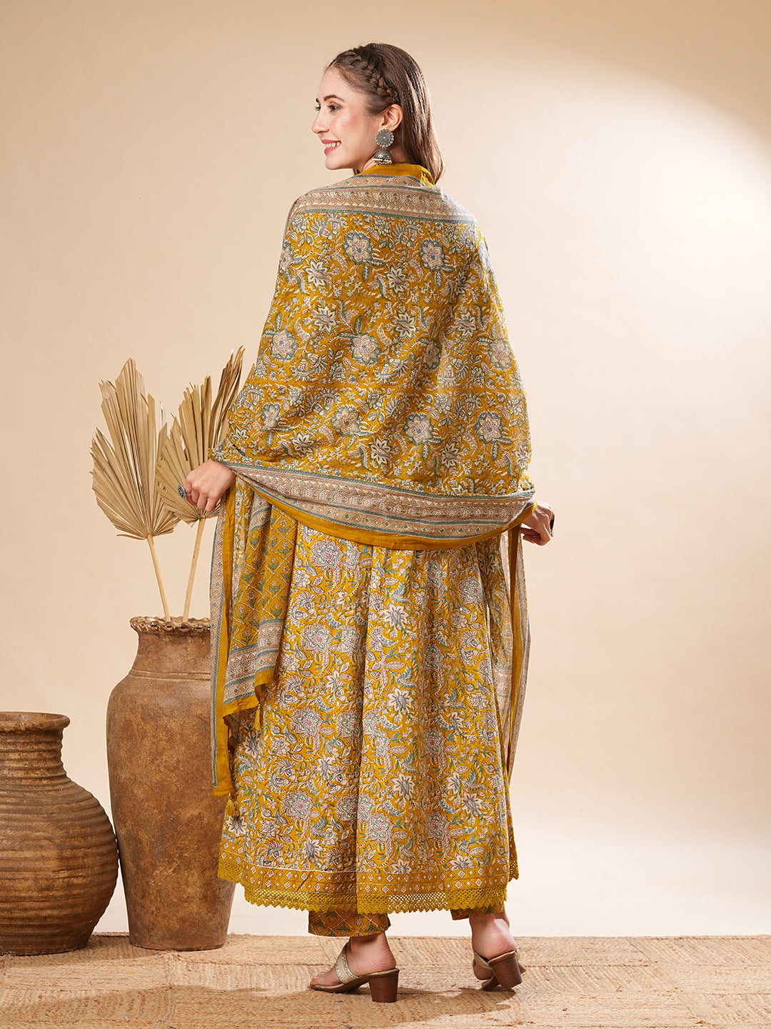 Floral Printed Mirror & Beads Embroidered Anarkali Kurta with Pants & Dupatta - Olive