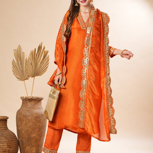 Solid Gotapatti & Zari Embroidered Shimmer Kurta with Pants & Dupatta - Orange