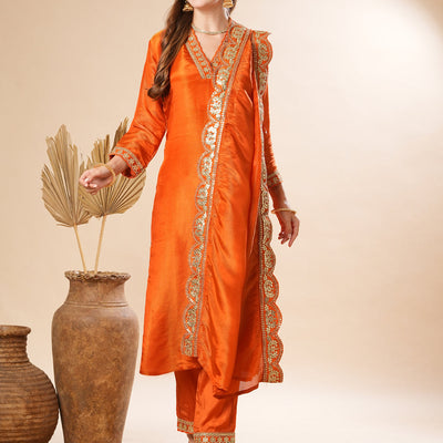 Solid Gotapatti & Zari Embroidered Shimmer Kurta with Pants & Dupatta - Orange