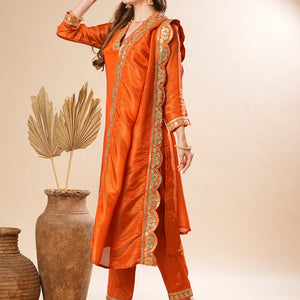Solid Gotapatti & Zari Embroidered Shimmer Kurta with Pants & Dupatta - Orange
