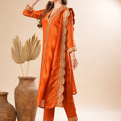 Solid Gotapatti & Zari Embroidered Shimmer Kurta with Pants & Dupatta - Orange