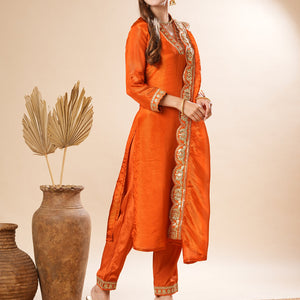 Solid Gotapatti & Zari Embroidered Shimmer Kurta with Pants & Dupatta - Orange