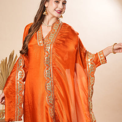 Solid Gotapatti & Zari Embroidered Shimmer Kurta with Pants & Dupatta - Orange