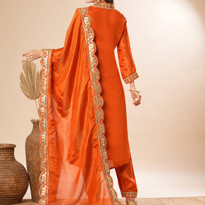 Solid Gotapatti & Zari Embroidered Shimmer Kurta with Pants & Dupatta - Orange