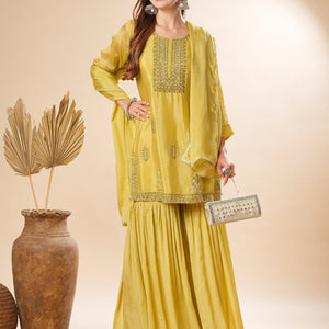 Solid Zardozi & Stones Embroidered Kurti with Sharara & Dupatta - Lime Green