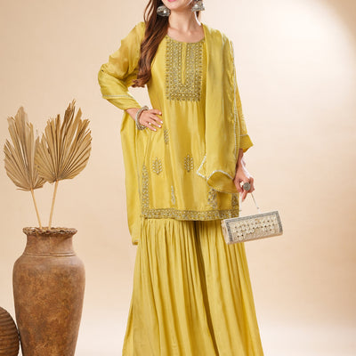 Solid Zardozi & Stones Embroidered Kurti with Sharara & Dupatta - Lime Green