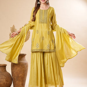 Solid Zardozi & Stones Embroidered Kurti with Sharara & Dupatta - Lime Green