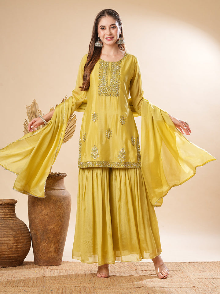 Solid Zardozi & Stones Embroidered Kurti with Sharara & Dupatta - Lime Green