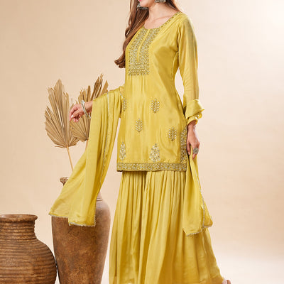 Solid Zardozi & Stones Embroidered Kurti with Sharara & Dupatta - Lime Green