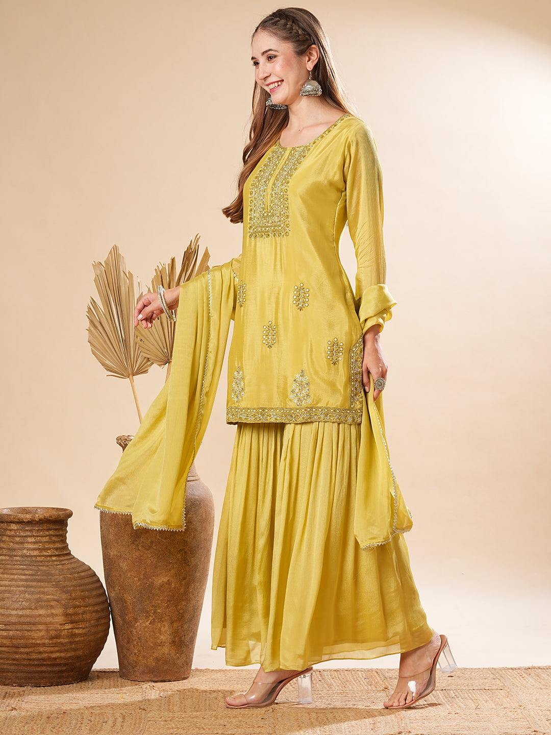 Solid Zardozi & Stones Embroidered Kurti with Sharara & Dupatta - Lime Green