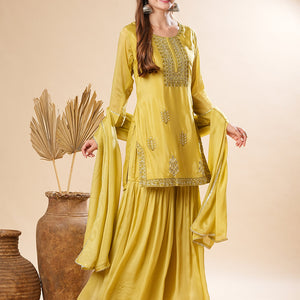 Solid Zardozi & Stones Embroidered Kurti with Sharara & Dupatta - Lime Green