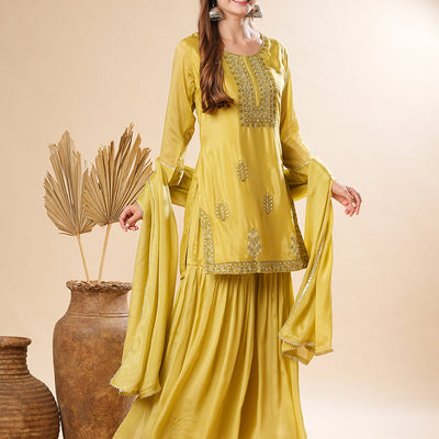 Solid Zardozi & Stones Embroidered Kurti with Sharara & Dupatta - Lime Green