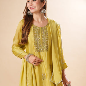 Solid Zardozi & Stones Embroidered Kurti with Sharara & Dupatta - Lime Green