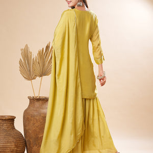 Solid Zardozi & Stones Embroidered Kurti with Sharara & Dupatta - Lime Green