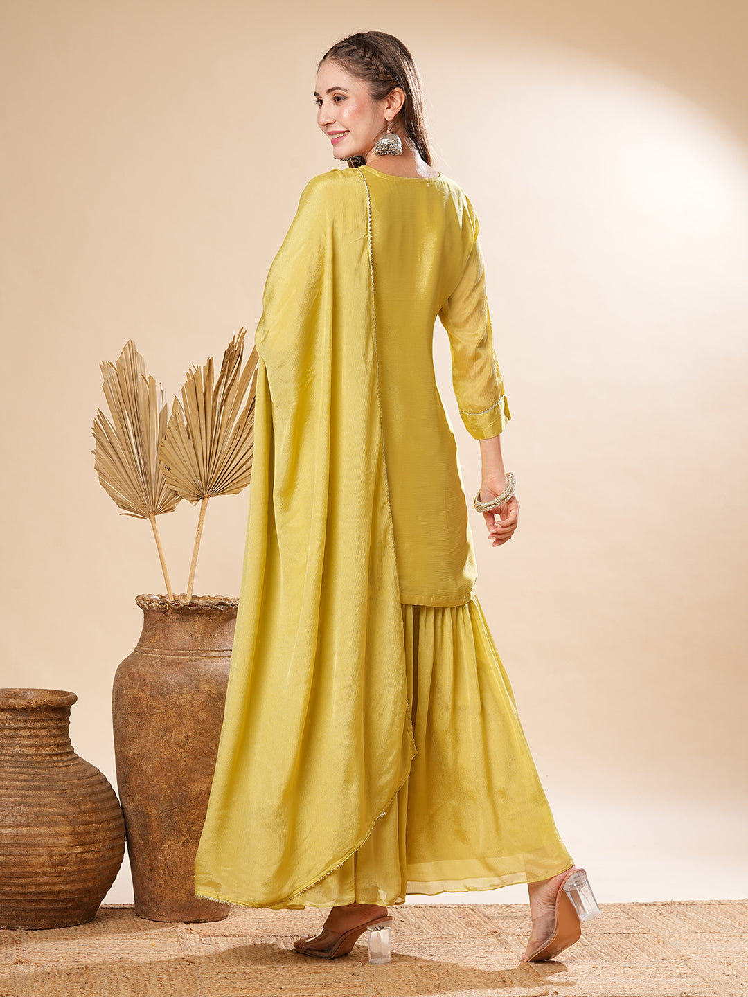 Solid Zardozi & Stones Embroidered Kurti with Sharara & Dupatta - Lime Green