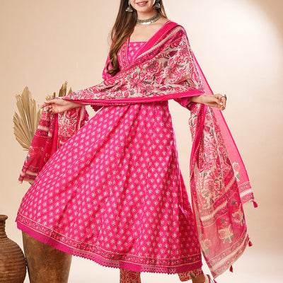 Floral Printed Mirror & Beads Embroidered Anarkali Kurta with Pants & Dupatta - Pink