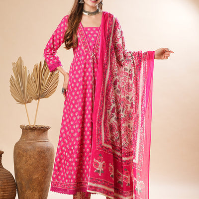 Floral Printed Mirror & Beads Embroidered Anarkali Kurta with Pants & Dupatta - Pink