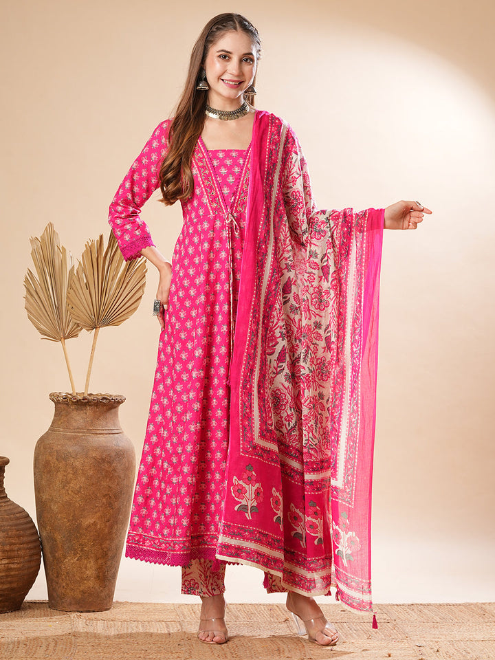 Floral Printed Mirror & Beads Embroidered Anarkali Kurta with Pants & Dupatta - Pink