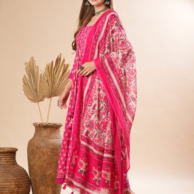 Floral Printed Mirror & Beads Embroidered Anarkali Kurta with Pants & Dupatta - Pink