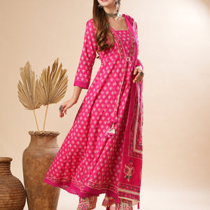 Floral Printed Mirror & Beads Embroidered Anarkali Kurta with Pants & Dupatta - Pink