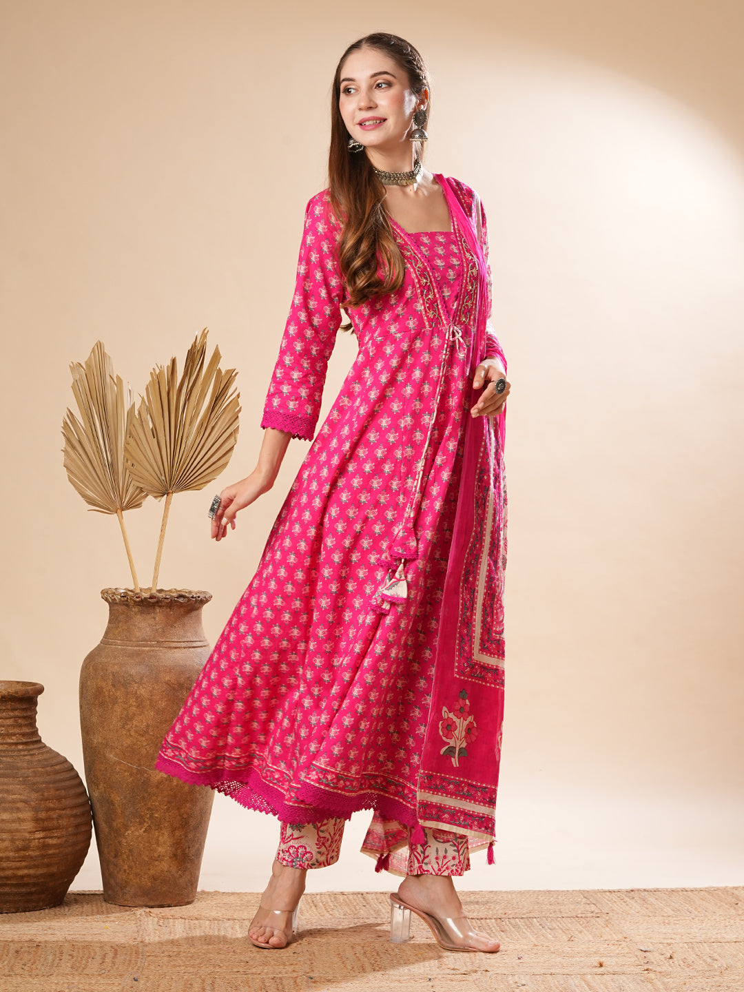 Floral Printed Mirror & Beads Embroidered Anarkali Kurta with Pants & Dupatta - Pink