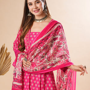 Floral Printed Mirror & Beads Embroidered Anarkali Kurta with Pants & Dupatta - Pink
