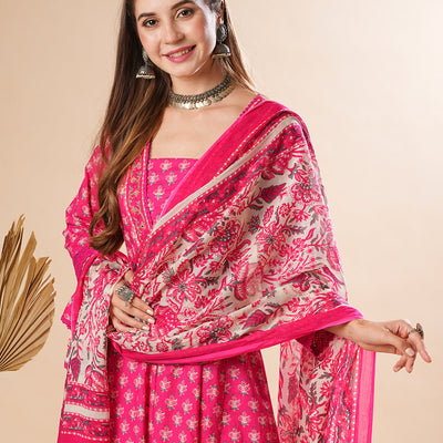 Floral Printed Mirror & Beads Embroidered Anarkali Kurta with Pants & Dupatta - Pink