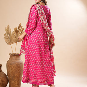 Floral Printed Mirror & Beads Embroidered Anarkali Kurta with Pants & Dupatta - Pink