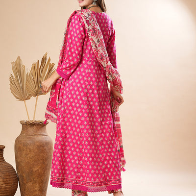 Floral Printed Mirror & Beads Embroidered Anarkali Kurta with Pants & Dupatta - Pink
