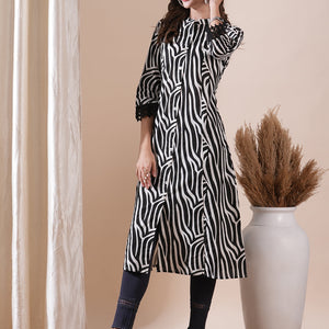 Abstract Printed Crochet Lace Embellished Kurta - Black
