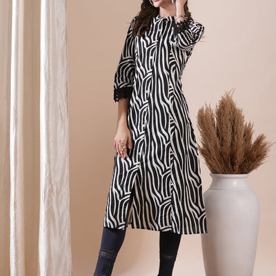 Abstract Printed Crochet Lace Embellished Kurta - Black