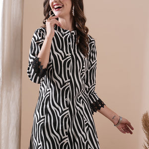 Abstract Printed Crochet Lace Embellished Kurta - Black