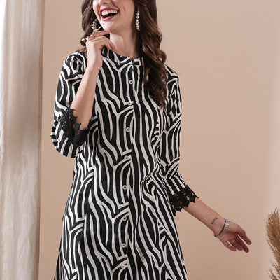 Abstract Printed Crochet Lace Embellished Kurta - Black