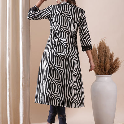 Abstract Printed Crochet Lace Embellished Kurta - Black