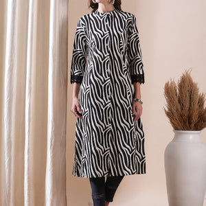 Abstract Printed Crochet Lace Embellished Kurta - Black