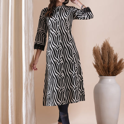 Abstract Printed Crochet Lace Embellished Kurta - Black