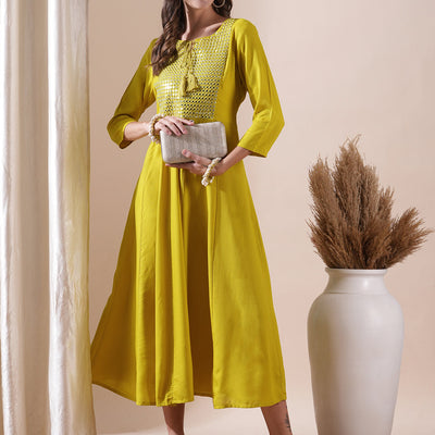 Solid Mirror & Resham Embroidered Anarkali Kurta - Yellow