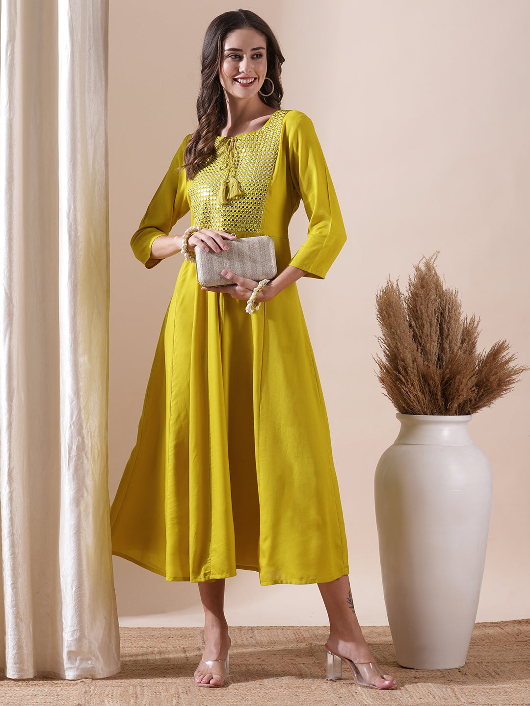 Solid Mirror & Resham Embroidered Anarkali Kurta - Yellow