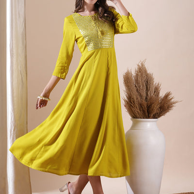 Solid Mirror & Resham Embroidered Anarkali Kurta - Yellow